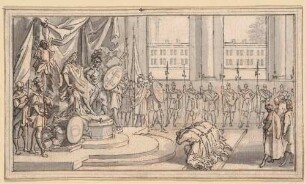 Szene aus einer Folge zur Geschichte Kaiser Karl V.: Niederkniende vor seinem Thron