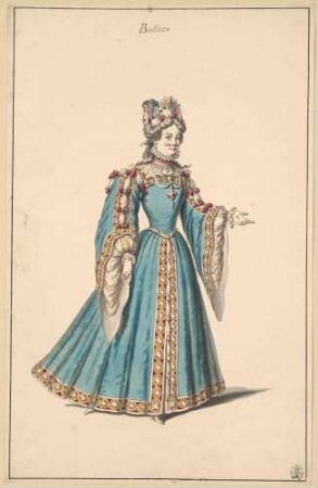 Kostümentwurf: Dame in blauem Kleid mit weiten Ärmeln - "Ballet"