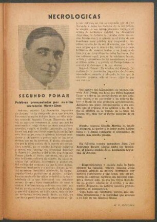 Necrológicas : Segundo Pomar - Palabras pronunciadas por nuestro secretario Victor Eiras