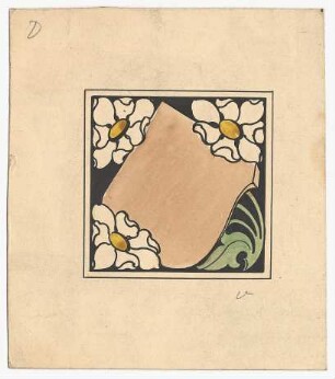 Entwurf Exlibris : Schild von drei Blüten umgeben