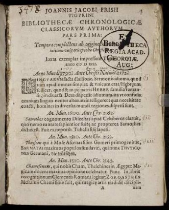 Pars prima: Joannis Jacobi Frisii Tigvrini Bibliothecae Chronologicae Classicorum Authorum Pars .... Pars prima