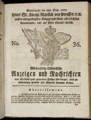 No. 36. Montags, den 8ten Sept. 1777.