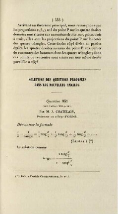 Solution de questions proposées dans les nouvelles annales.