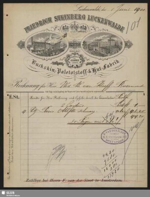 Friedrich Steinberg, Luckenwalde, Buckskin-, Paletotstoff- & Hut-Fabrik : Rechnung