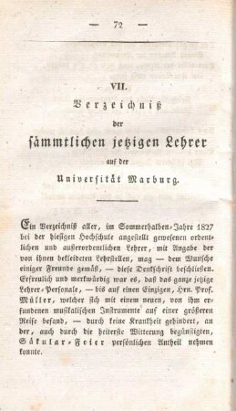 VII. Verzeichniß der sämmtlichen jetzigen Lehrer auf der Universität Marburg.
