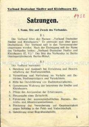 Satzung des Verbandes Deutscher Siedler und Kleinbauern