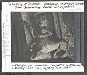 Regensburg, St. Emmeran: Kreuzgang, Nordflügel, östl. Portal, Bogenanfang: Zentaur mit Jagdspieß
