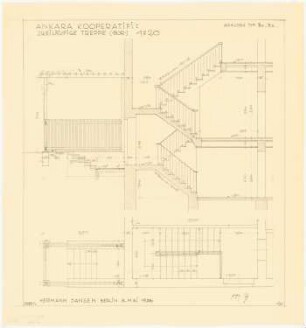 Gesamtbebauungsplan Ankara Ankara Kooperatifi. Haustypen: Generelle Werkplanung, Treppe zweiläufig (BOR, analog Typ B1 und B2), Treppenhaus und Kelleraustritt Grundriss und Längsschnitt 1:20