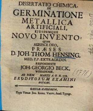 Dissertatio Chemica, De Germinatione Metallica Artificiali, Ejusdemque Novo Invento