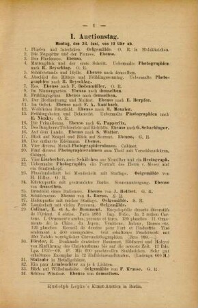 I. Auctionstag. Montag den 28. Juni, von 10 Uhr ab