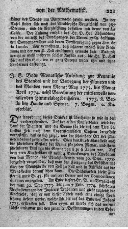 Monatliche Anleitung zur Kenntnis des Standes und der Bewegung der Planeten und des Mondes vom Monat May 1773. bis Monat April 1774.