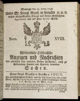 Num. XVIII. Montags den 29. April 1748.