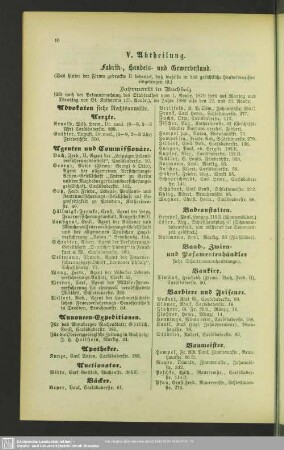 V. Abtheilung. Berufsklassen und Gewerbebetriebe : V. Abtheilung. Fabrik-, Handels- und Gewerbestand