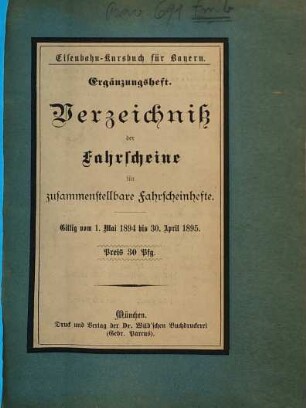 Verzeichniß der Fahrscheine für zusammenstellbare Fahrscheinhefte. 1894/95