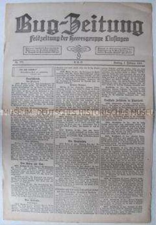 Feldzeitung der Heeresgruppe Linsingen ("Bugarmee") mit Kurzmeldungen aus Deutschland und von verschiedenen Kriegsschauplätzen