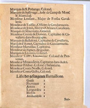 Liste, Aller den 13. Augusti 1704. gefangenen fürnehmen Frantzösischen Officirs, Battaillons und Esquadrons