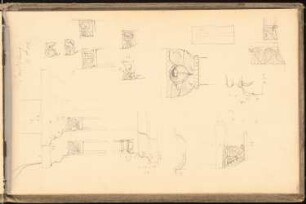 Skizzenbuch 1900-1901: Kapelle zum Heiligen Kreuz in Landsberg, Säulen und Kapitelle, Ansichten, Schnitte