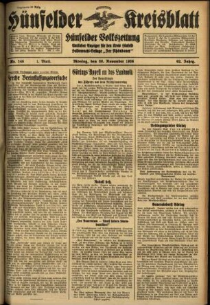 Erste Ausgabe vom Montag, den 30. November 1936.