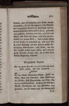 Dreyzehntes Kapitel. Wie der große Sancho Pansa Besitz von seiner Insel nimmt, und seine Regierung beginnet.
