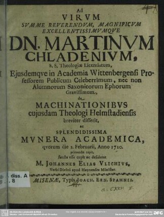 Ad Virum ... Martinum Chladenium, S. S. Theologiae Licentiatum, ... de Machinationibus cuiusdam Theologi Helmstadiensis breviter disserit