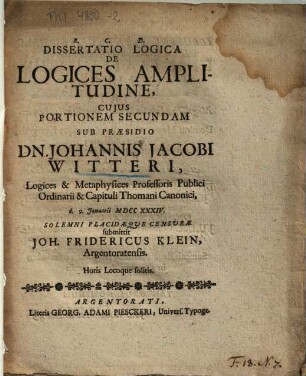 Dissertatio Logica De Logices Amplitudine. 2., Cujus Portionem Secundam