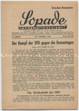 Informationsdienst der SPD u.a. zum Kampf der SPD gegen die Demontage