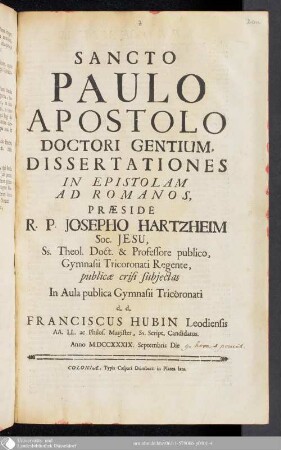 Sancto Paulo Apostolo Doctori Gentium, Dissertationes In Epistolam Ad Romanos
