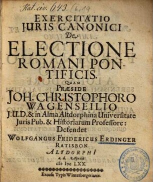 Exercitatio Juris Canonici De Electione Romani Pontificis
