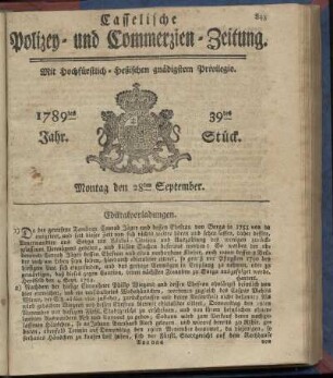 39tes Stueck, Montag den 28ten September. 1789