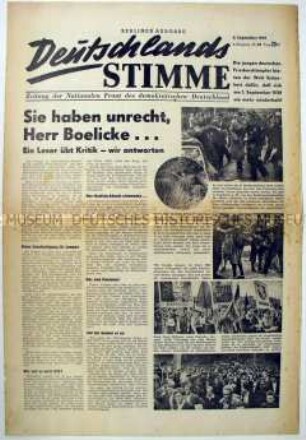 Wochenzeitung der Nationalen Front "Deutschlands Stimme" u.a. zur Wiederbewaffnung in Westdeutschland