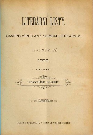Literární listy : časopis věnovaný moderní kritice literární. 9. 1888