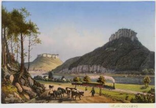 Ansicht des Liliensteins in der Sächsischen Schweiz , gouachierte Lithographie, um 1860 : Lilienstein : Sächsische Schweiz. - Dresden : E. Müller , [um 1860]. - 1 Kunstblatt : gouachierte Lithogr. ; 17 x 12 cm