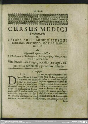 Praeliminaria De Natura Artis Medicae Ejusque Origine, Methodo, Sectis & Principiis