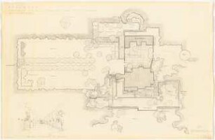 Hakeburg (Wohnsitz des Reichspostministers), Kleinmachnow: Vorschlag zur Umgestaltung des Parkes: Lageplan mit Gartenplan 1:200, perspektivische Ansicht mit Gartenhaus