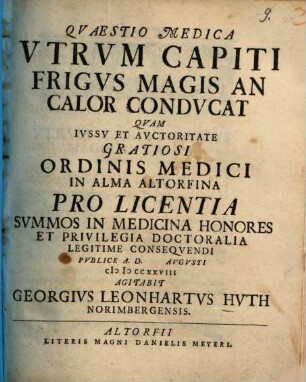 Qvaestio Medica Vtrvm Capiti Frigvs Magis An Calor Condvcat