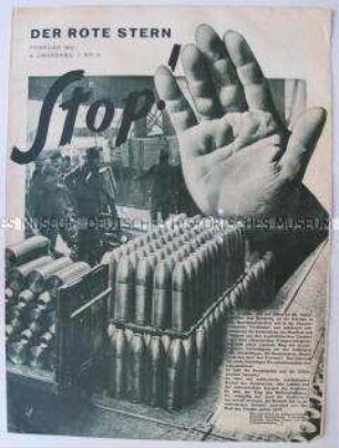 Umschlagblatt der Proletarischen Wochenzeitschrift "Der Rote Stern" u.a. mit einer Warnung vor neuen Kriegsvorbereitungen