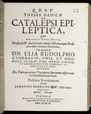 Theses Medicae De Catalepsi Epileptica