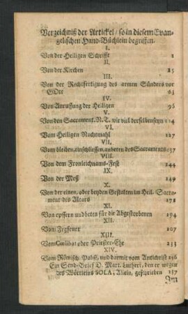 Verzeichniß der Artickel, ...