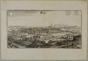Stadtansicht von Annaberg (ab 1945 Annaberg-Buchholz) mit der St. Annenkirche (1525), Blick aus westlicher Richtung, aus Merians Topographia Superioris Saxoniae