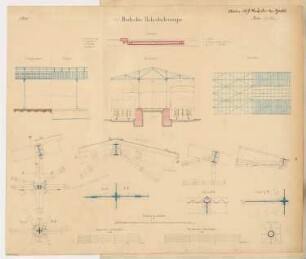 Überdachte Verladerampe Monatskonkurrenz Oktober 1869: Grundriss, Aufriss Seitenansicht, Längsschnitt, Querschnitt, Details; 3 Maßstabsleisten