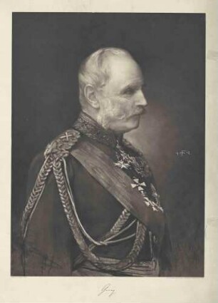 Georg , König von Sachsen (1832-1904), in Uniform, Schärpe und Orden, Brustbild in Profil
