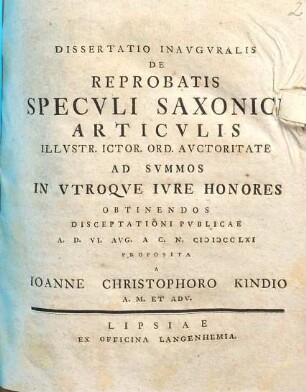 Dissertatio Inavgvralis De Reprobatis Specvli Saxonici Articvlis