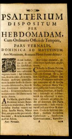 Psalterium Dispositum Per Hebdomadam, Cum Ordinario Officii Tempore