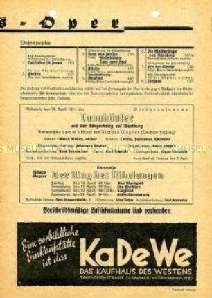 Programm der Staatsoper Berlin zur Oper "Die Macht des Schicksals"