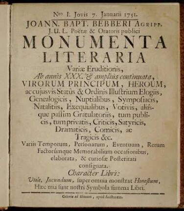 Nro I. Jovis 7. Januarii 1751.