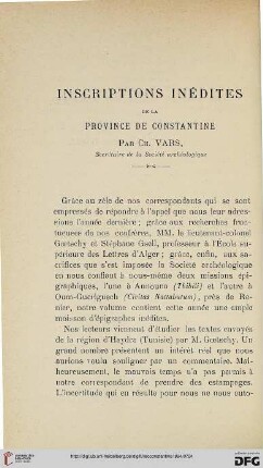 Sér. 3: Inscriptions inédites de la province de Constantine