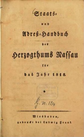 Staats- und Adreß-Handbuch des Herzogthums Nassau. 1818, 1818