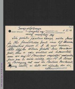 Briefkarte von Jenny Apolant an Helene Lange