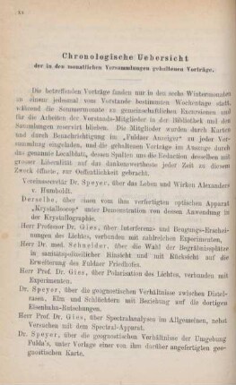 Chronologische Uebersicht der in den monatlichen Versammlungen gehaltenen Vorträge.