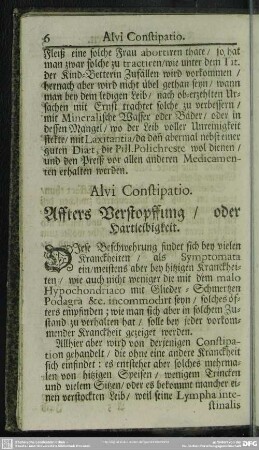 Alvi Constipatio. Affters Verstopffung, oder Hartleibigkeit